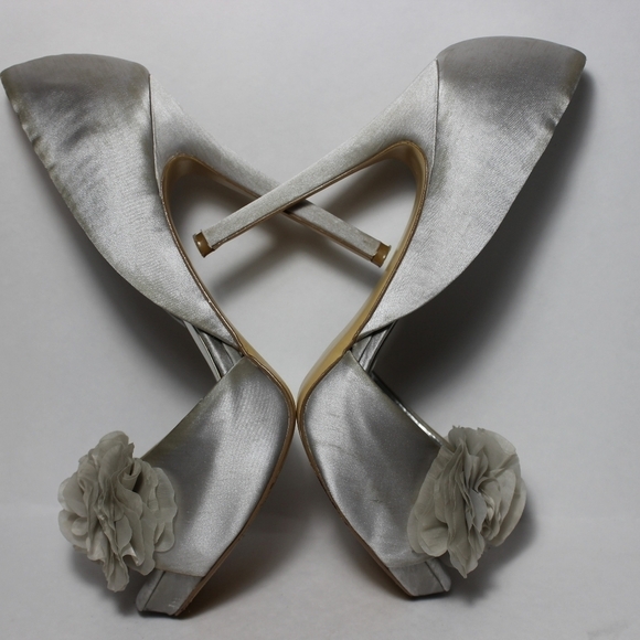 AUDREY Brooke Silver Satin Open Toe Heel with Ruffled Flower - Picture 9 of 12